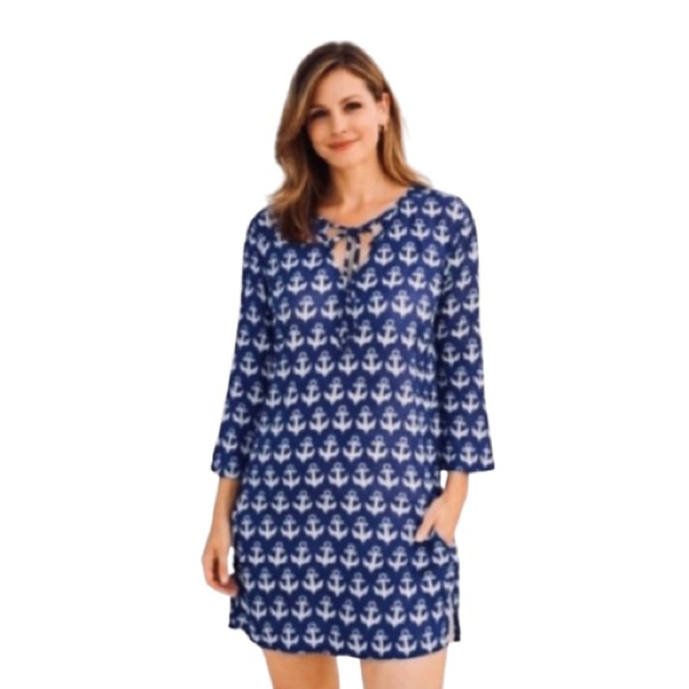 Flora by Rock Flower Paper Women's Anchor Beach Swim Cover Up Blue White M